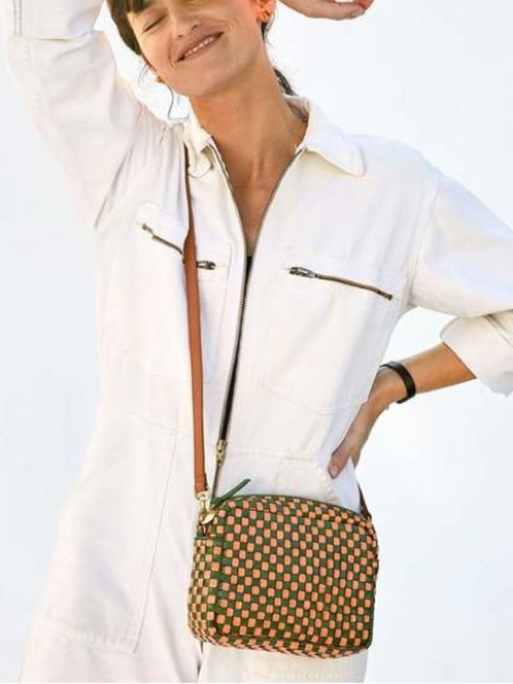 Clare V. Midi Sac Woven Check Crossbody Bag in Coral/Safari Green